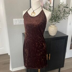 Y2K BROWN VELVET HALTER MINI DRESS